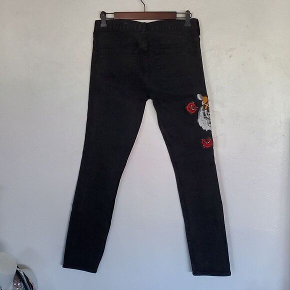 Pacsun Mens Black Skinny Jeans with Lion Cat and Roses Suze 29×30 - Picture 9 of 15